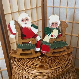 Vintage Handmade Santa and Mrs. Claus Wooden Knitting Rocking Figures